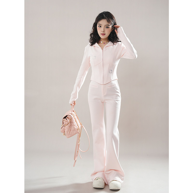甜美修身鱼骨粉色运动休闲套装女春季2025新款短款卫衣长裤两件套