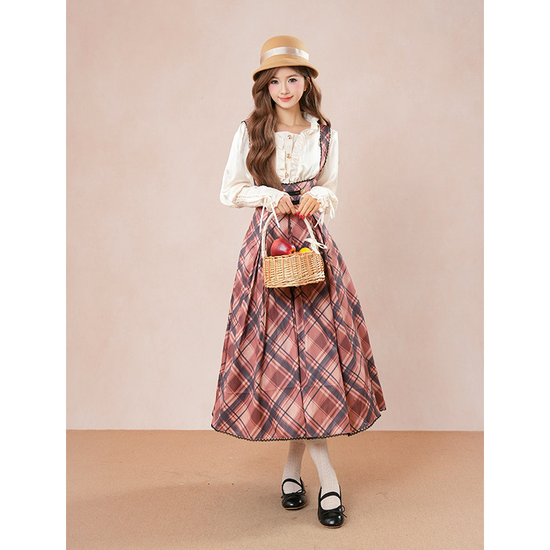 经典瞎裁背带裙+英伦风束袖衬衫两件套2025秋冬复古优雅cla系套装