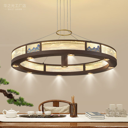 新中式圆桌餐厅吊灯2024新款客厅灯LED饭店会所包厢吊灯带射灯