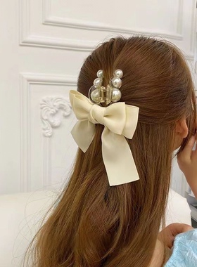 温柔风珍珠蝴蝶结抓夹女中长发头饰气质发夹白色发饰