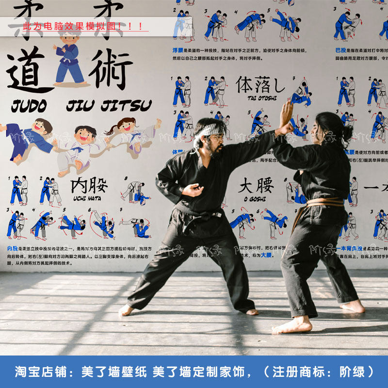 柔道动作技术步骤定制壁纸 柔术培训宣传墙贴纸 柔道基本功分析图