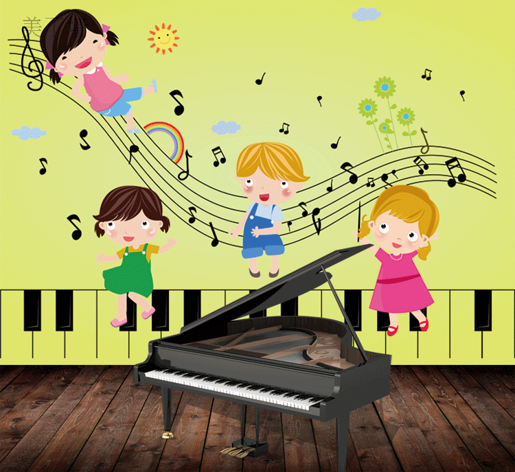 卡通钢琴音符壁纸钢琴学习班墙纸少儿音乐艺术培训中心定制壁画