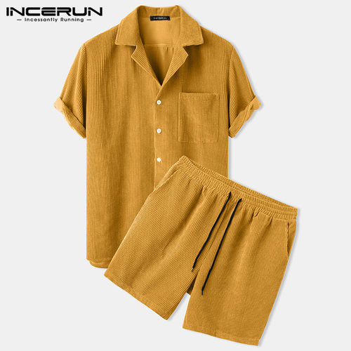 S-2XL Men Corduroy Sets Short Sleeve Lapel Button Shirts