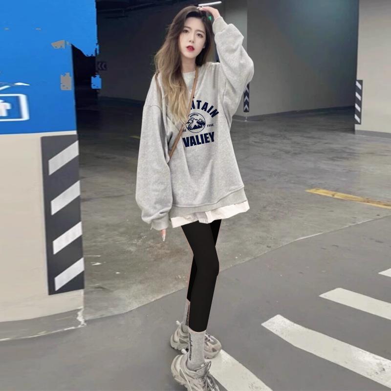 慵懒风假两件卫衣女2023秋冬新款韩版休闲灰色上衣遮屁股外套潮