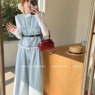 復古蕾絲拼接牛仔馬甲套裝 2025年新款 超火t恤闊腿褲 三件套 女春季