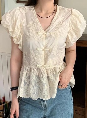 2025春新款新中式盘扣刺绣短袖女国风设计感泡泡袖上衣