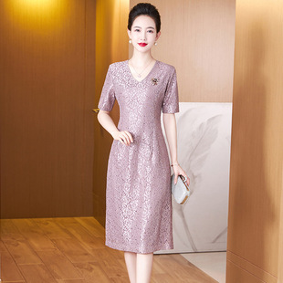 中老年夏季新款儿子结婚礼服喜婆婆妈妈装洋气时尚修身连衣裙