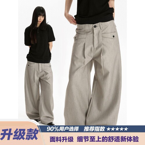 Apock复古老钱风灰色条纹阔腿休闲裤女肌理感褶皱宽松弯刀裤子