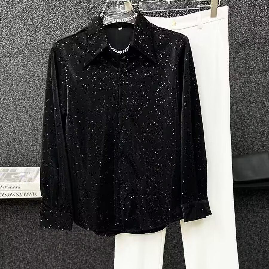 高级设计感烫金满天星衬衫男生长袖韩版宽松潮流时尚痞帅垫肩衬衣
