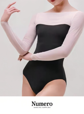 Numero纽漫芭蕾舞蹈练功服女长袖高胯显瘦紧身瑜伽服一字肩拼网纱