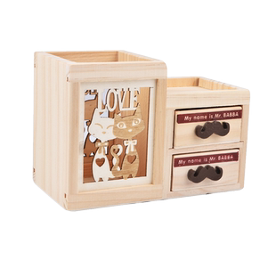 双抽屉木质笔筒创意可爱铅笔筒多功能学生镂空铁塔收纳盒卡通兔子猫咪松木笔筒时尚可爱笔筒实木松木笔筒摆件