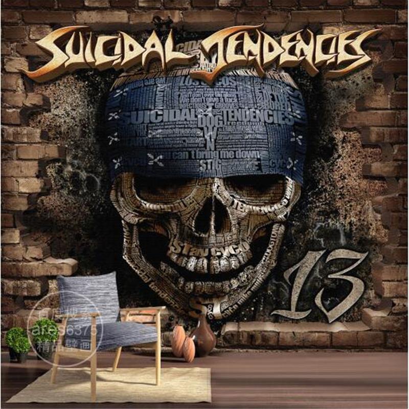 3D砖墙壁纸复古怀旧涂鸦墙纸个性酒吧ktv咖啡厅工业骷髅壁画纹身