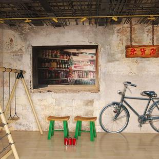 复古怀旧墙纸年代感破旧水泥砖墙背景餐厅烤肉串串烧烤火锅店壁纸