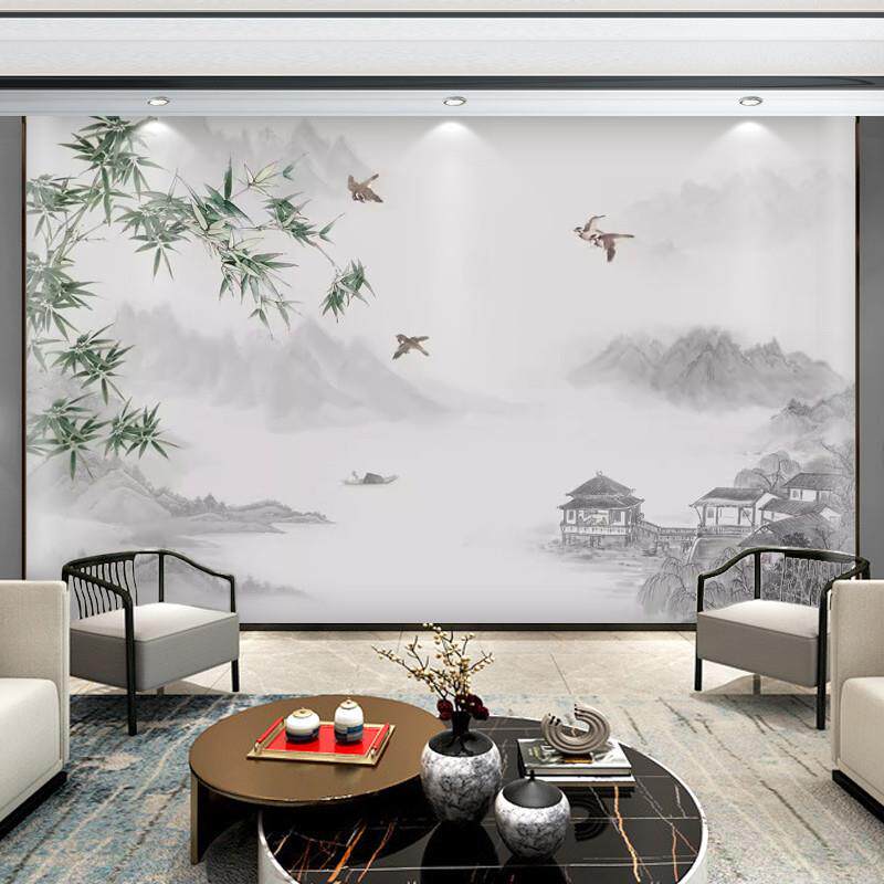 新中式竹林水墨墙布大气客厅沙发背景墙纸书房办公室壁纸茶楼壁画