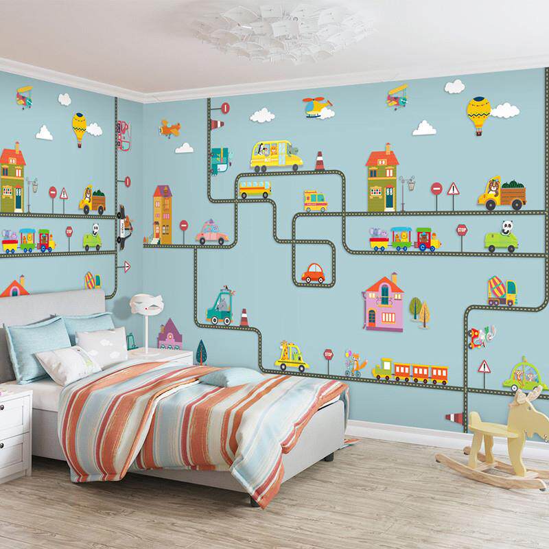 3d卡通小汽车儿童房间卧室背景墙纸游乐场幼儿园壁纸装饰壁画手绘