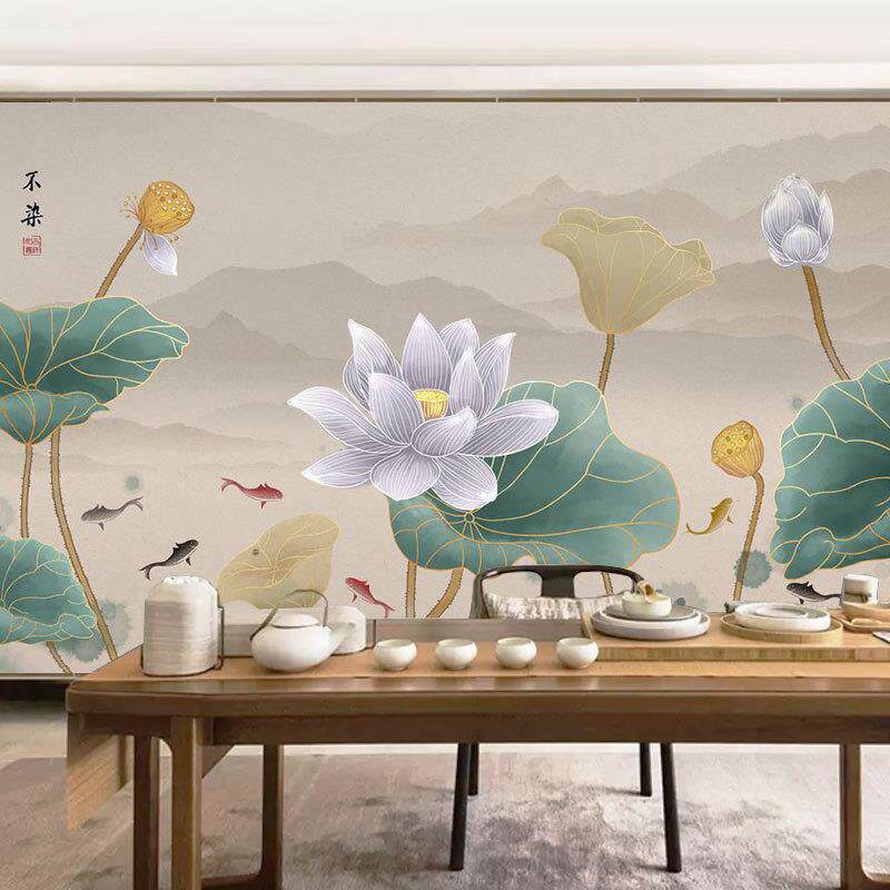 8D中式荷花定制壁画莲花山水意境墙布电视背景墙壁纸客厅茶室墙纸