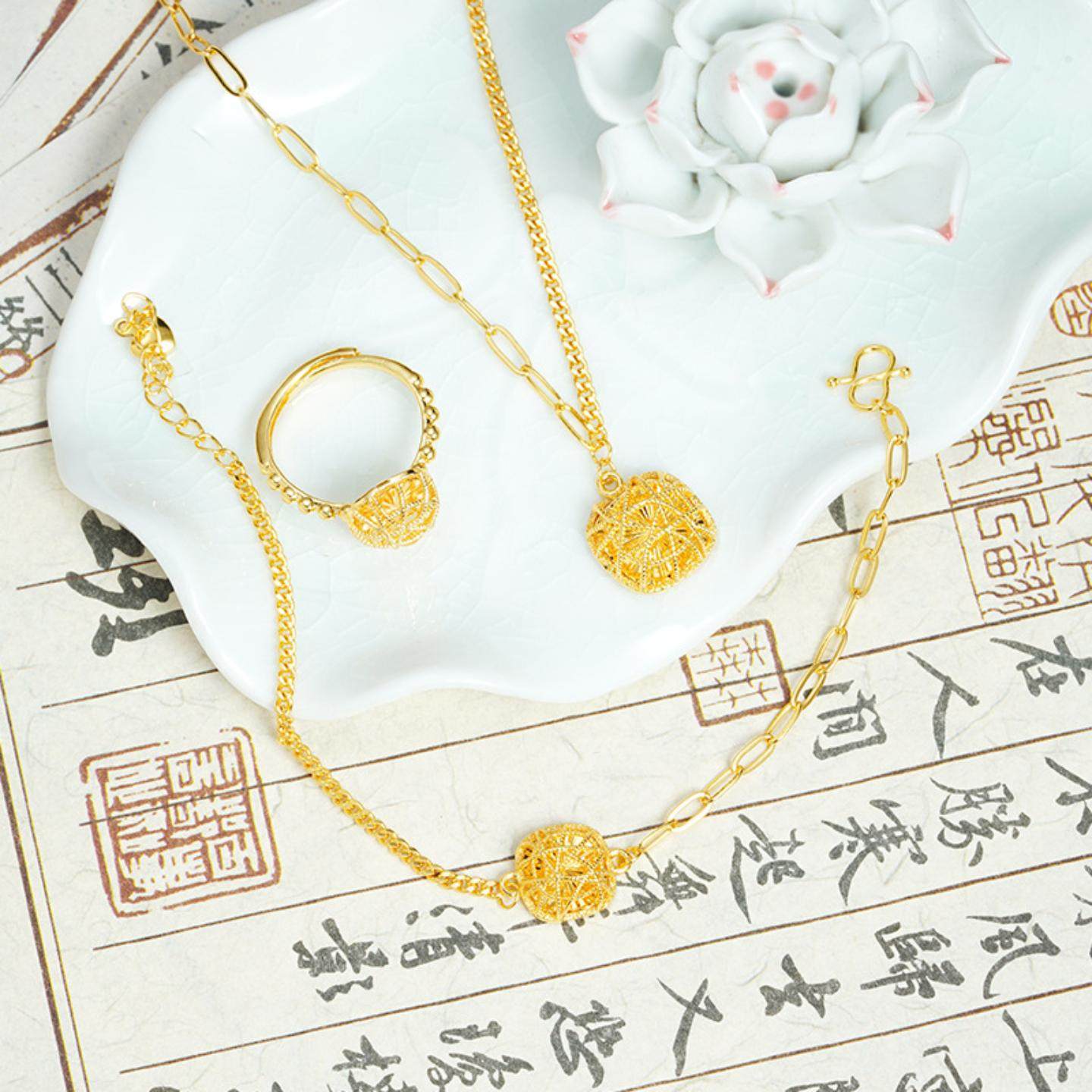 越南沙金项链轻奢简约风镂空捕梦网方糖手链戒指套装铜镀金首饰品,饰品/流行首饰/时尚饰品新,戒指/指环,淘宝优惠券,粉丝福利购,淘宝优惠卷