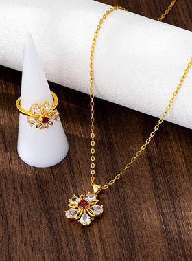 新品轻奢风镶钻花朵项链女越南沙金戒指套装设计久不掉色饰品