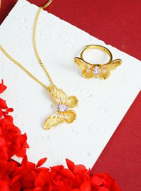 新中式沙金镶钻蝴蝶项链女