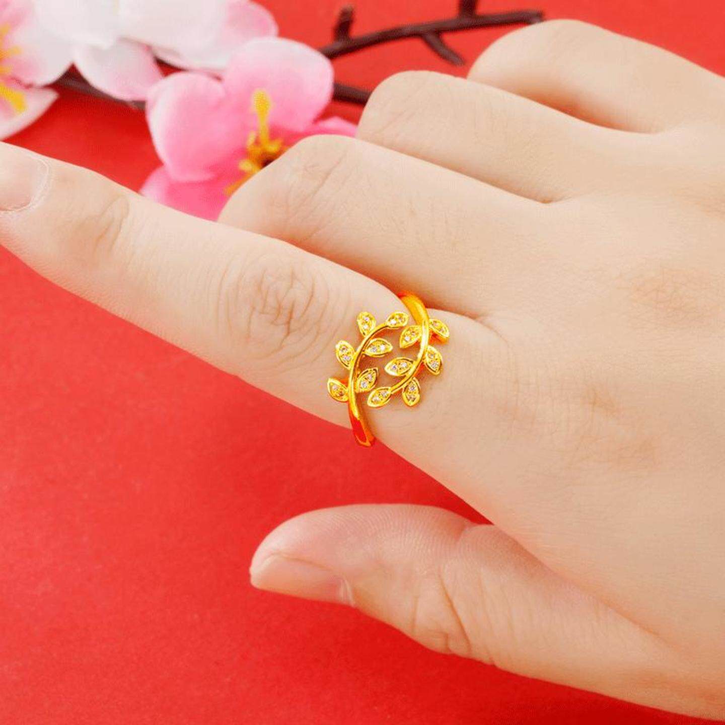 轻奢仿18k黄金时尚个性女士戒指 网红沙金树叶指环婚庆饰品