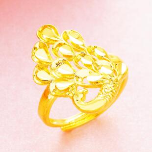仿3D硬黄金孔雀开口女款戒指 镀金饰品 韩版时尚沙金欧币指环