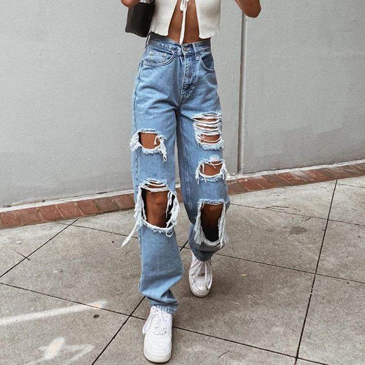 Women Button High Waist Hole Jeans Trouser Loose Denim Pants