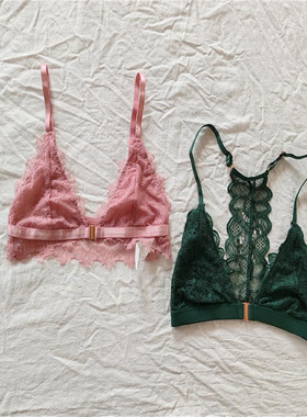 D44-36女无钢圈薄款法式蕾丝性感前扣三角杯文胸内衣bralette欧美