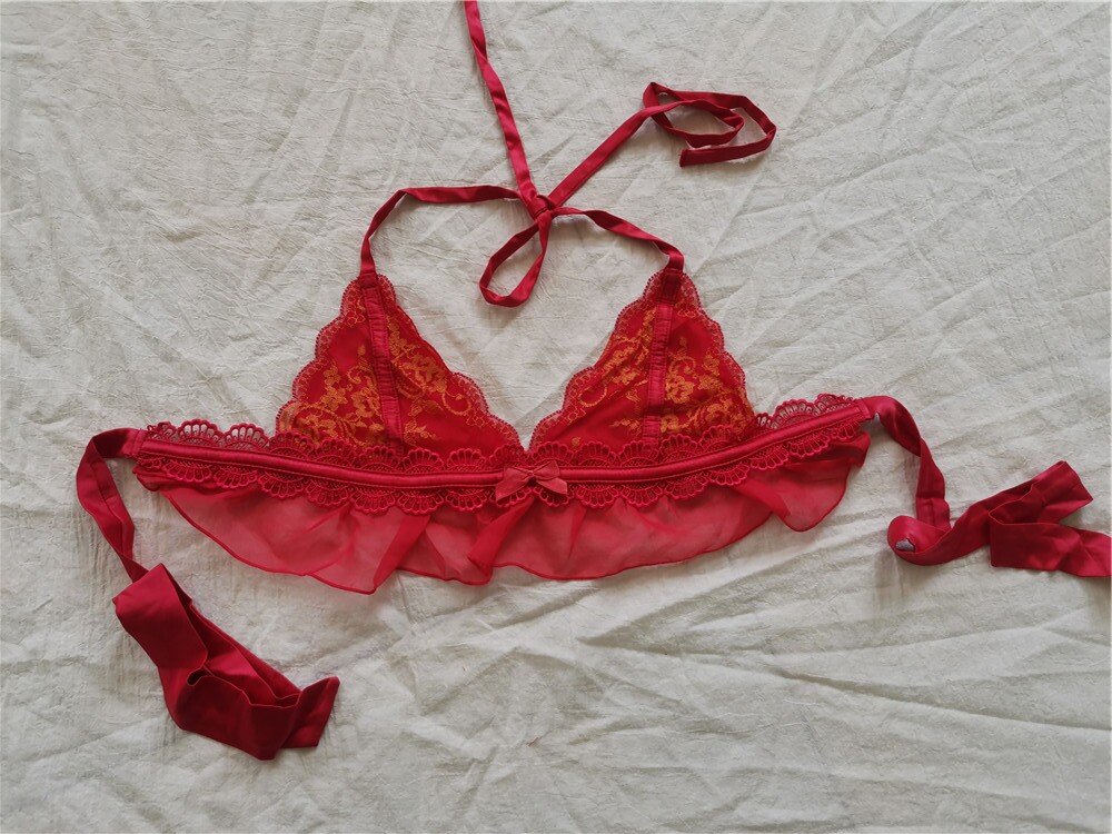 d42-33法式性感蕾丝文胸内衣抹胸挂脖绕脖系带三角杯小码bralette