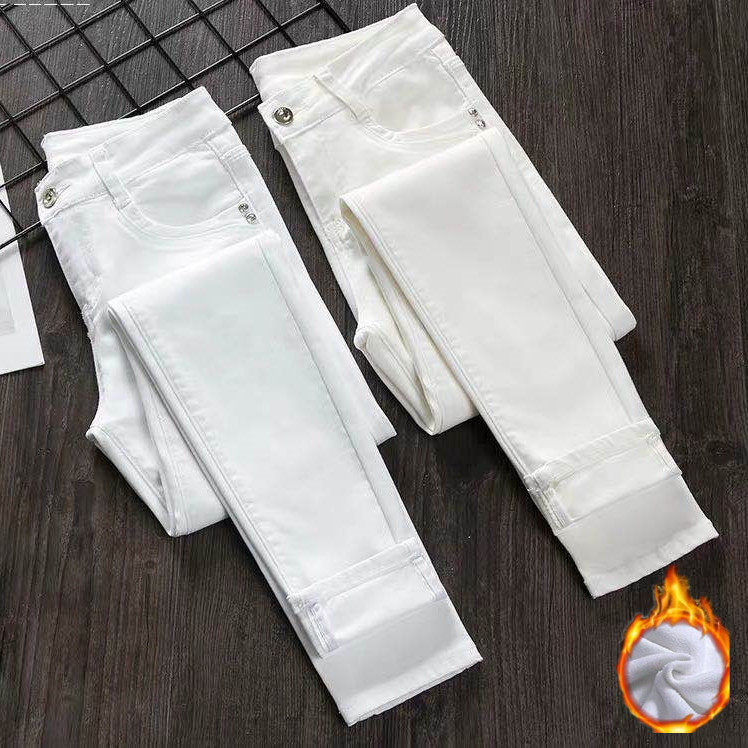 白色新款九分铅笔裤加绒牛仔裤