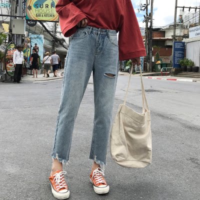 高腰宽松阔腿牛仔裤女薄款2020夏季破洞不规则毛边哈伦裤直筒裤女