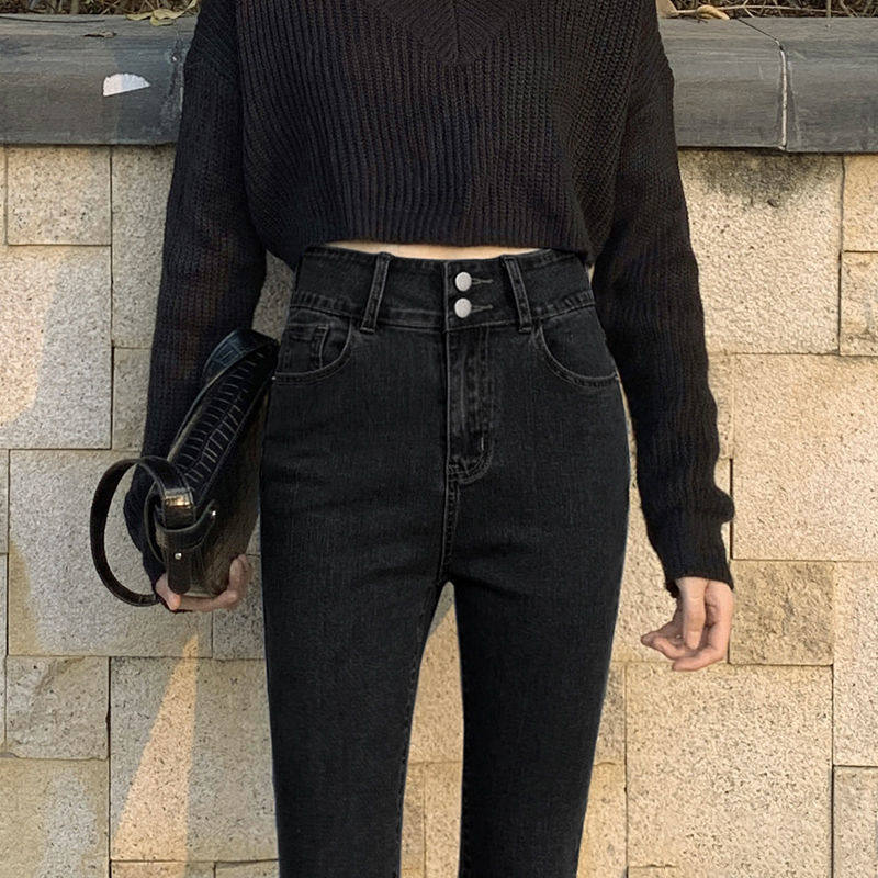 高腰黑色牛仔裤女春秋2021新款夏季显瘦百搭弹力紧身小脚铅笔裤子