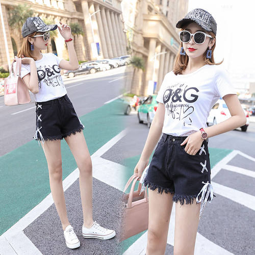 2024韩版新款大码胖mm毛边绑带高腰牛仔短裤女夏宽松显瘦阔腿热裤