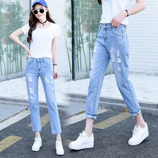 女士白色破洞韩版牛仔裤女夏宽松九分裤高腰哈伦裤长裤子女学生