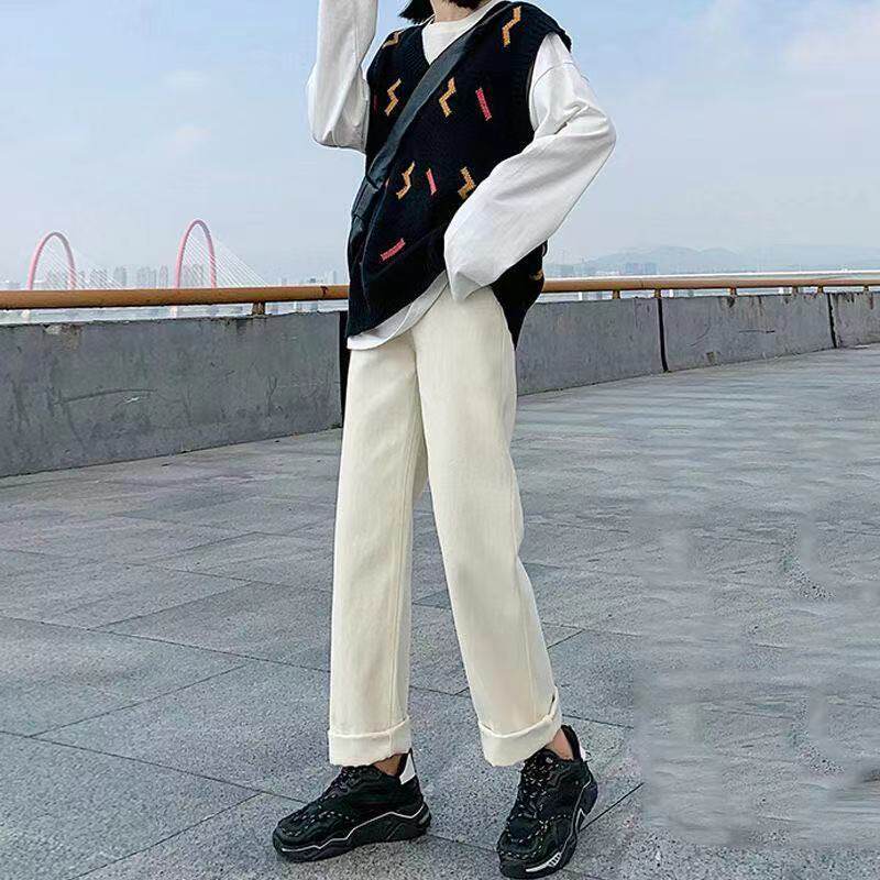 米白色直筒牛仔裤女2023年秋季新款高腰显瘦杏色宽松阔腿拖地裤子