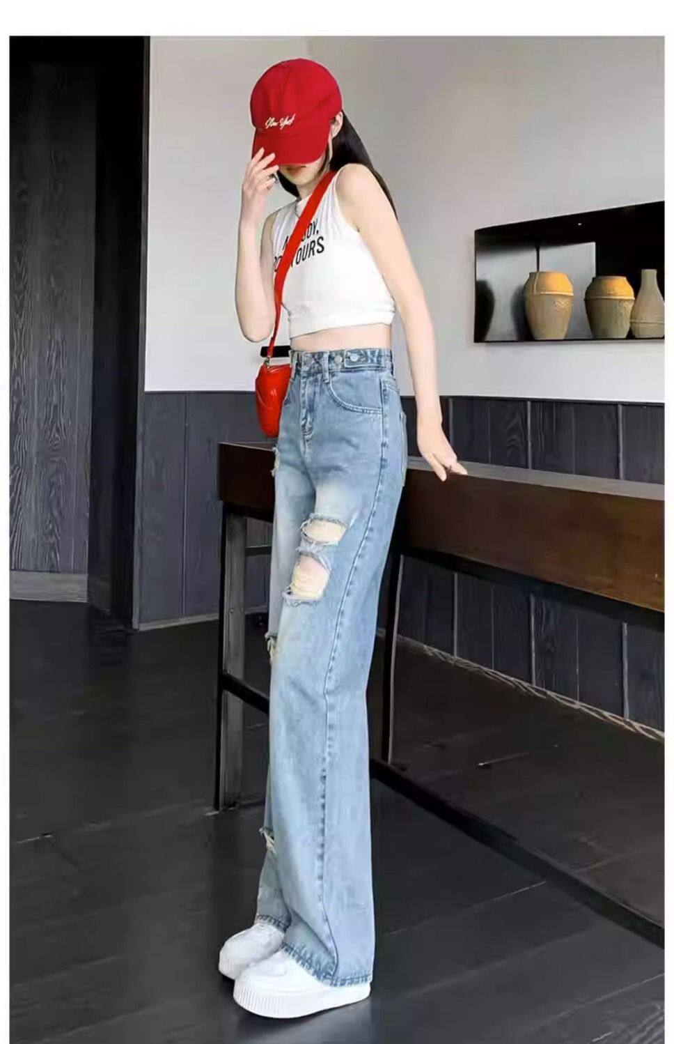 胖妹妹破洞直筒牛仔裤女春夏2023年新款时髦显瘦设计感宽松高腰阔