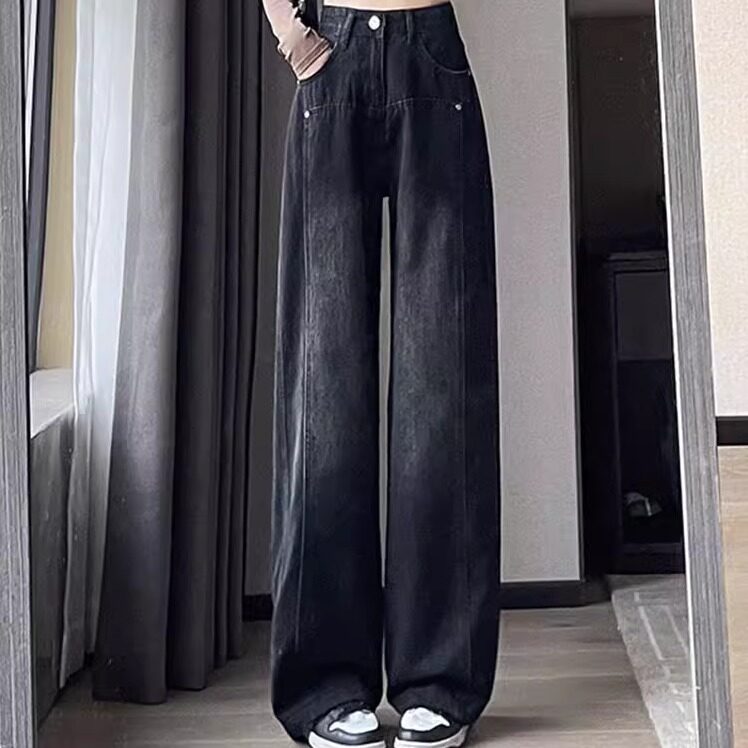 高腰阔腿牛仔裤女春秋季2024年新款宽松小个子黑灰窄版直筒裤子女图片