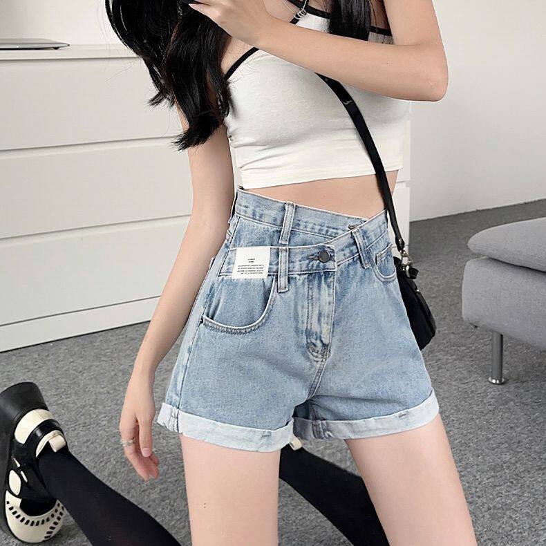 个性卷边交叉腰牛仔短裤女新款春夏季薄款显瘦宽松阔腿牛仔热裤潮