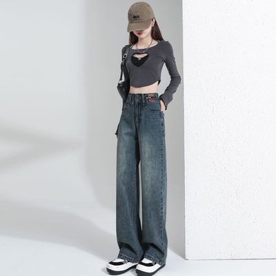 复古蓝高腰阔腿牛仔裤女秋季常规款宽松显瘦百搭直筒拖地裤潮学生