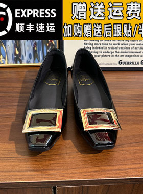 rv黑色漆皮方扣气质单鞋女2025秋季一脚蹬水钻浅口真皮方头平底鞋