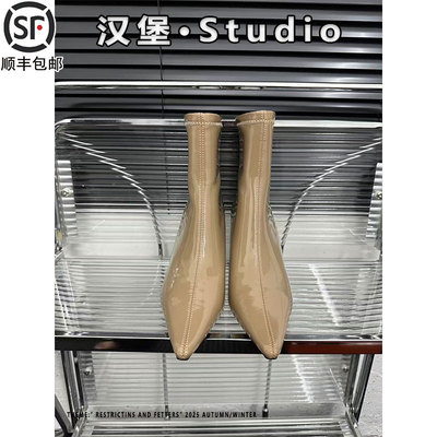 杨树林同款杏色高跟靴子2025秋冬季加绒尖头瘦瘦短靴时装堆堆靴女