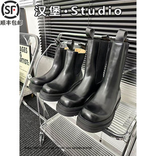 mona同款切尔西靴子女2025秋冬季加绒情侣款松糕厚底短筒烟筒靴子