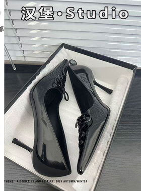 黑色御姐细跟高跟鞋2025秋冬蝴蝶结性感气质浅口新款镂空尖头单鞋