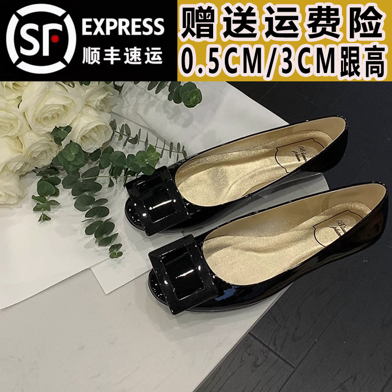 rv方扣黑色平底鞋漆皮圆头气质