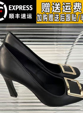 rv方扣高跟鞋女2025秋冬季真皮细跟马蹄跟方头加绒保暖黑色单鞋女