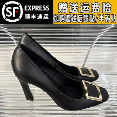 rv方扣高跟鞋女2025秋冬季真皮细跟马蹄跟方头加绒保暖黑色单鞋女