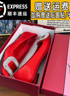rv红色绸缎鞋矮跟2厘米2025秋季水钻方扣单鞋女名媛风配裙子女鞋