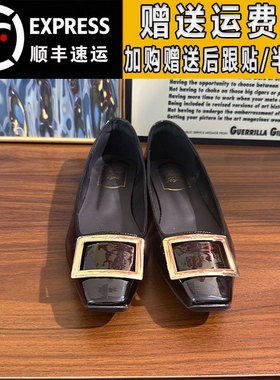 Right Video黑色方扣漆皮平底鞋2025秋季气质通勤一脚蹬真皮单鞋