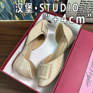 女真皮方扣圓頭單鞋 女 Video小個子內增高一腳蹬中空4cm涼鞋 Right