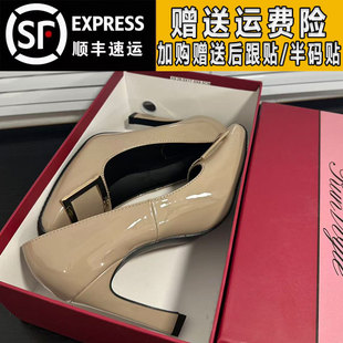 大象灰2025秋冬季rv方扣高跟鞋女真皮细跟马蹄跟方头加绒保暖单鞋