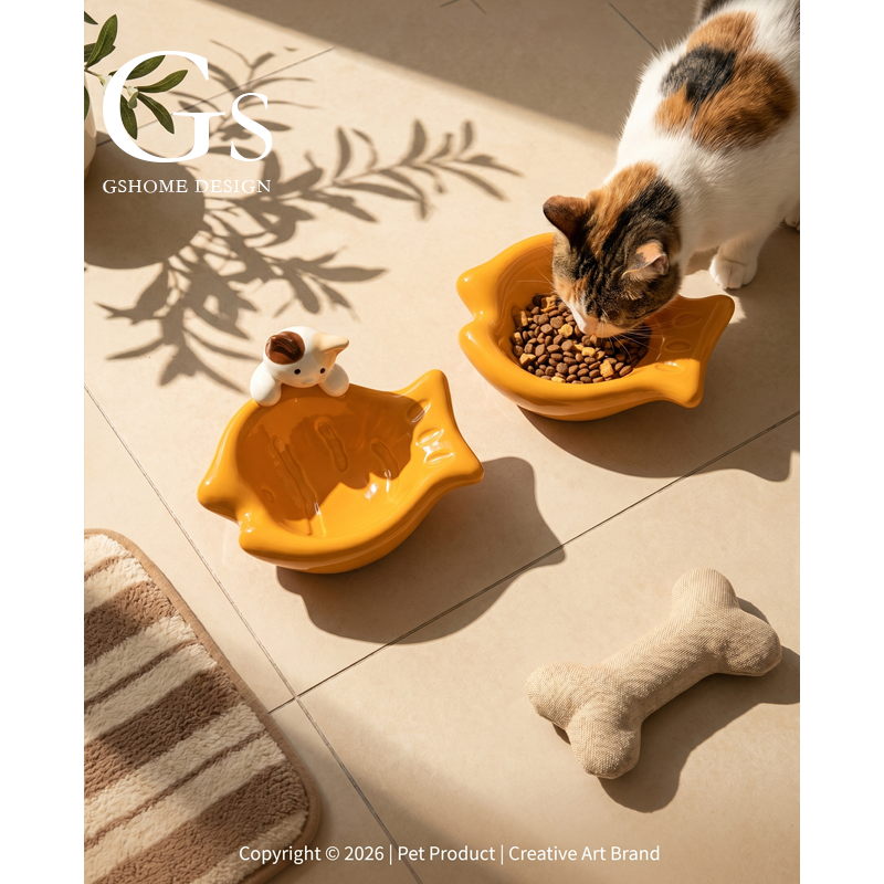 矮脚猫咪饭碗斜口陶瓷大口径可爱创意保护颈椎宠物喝水食盆防打翻
